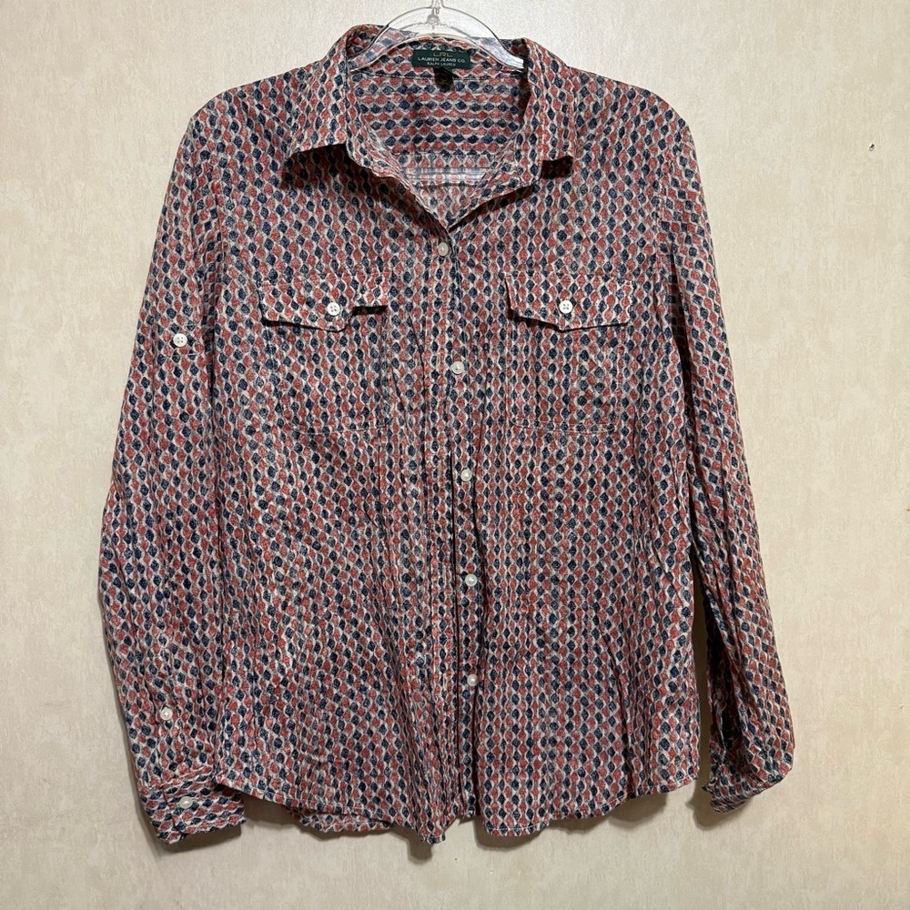 Vintage Lauren Ralph Lauren Red Blue Printed Cotton Thin Long Tab Sleeve Top